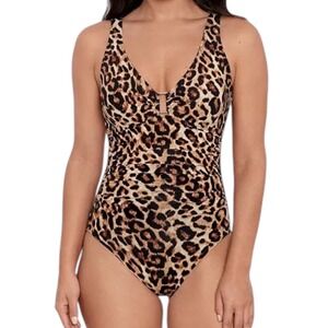 Lauren Ralph Lauren Black Label Leopard Print One Piece Swimsuit Shaping Size 10